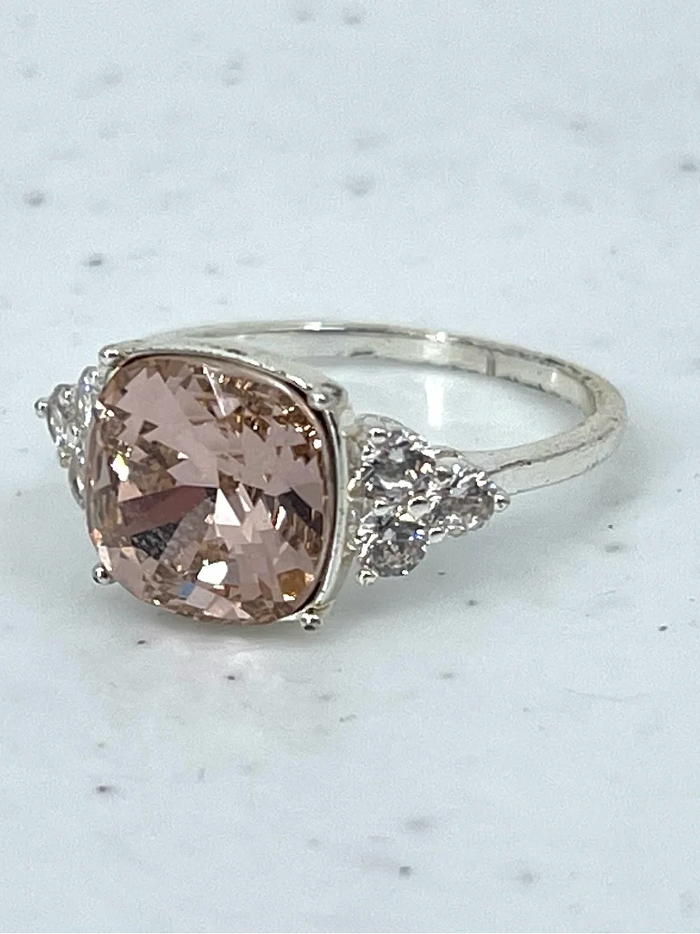 Fashion silver toned large square pink stone ring